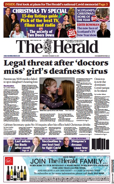 The Herald (UK) Newspaper Front Page for 18 December 2021