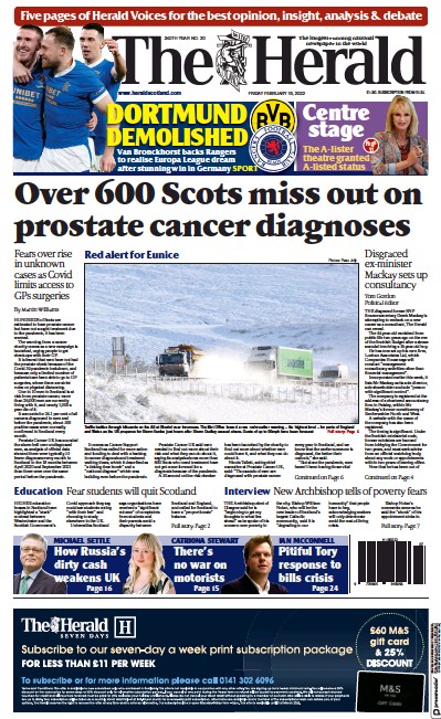 The Herald Newspaper Front Page for 18 February 2022