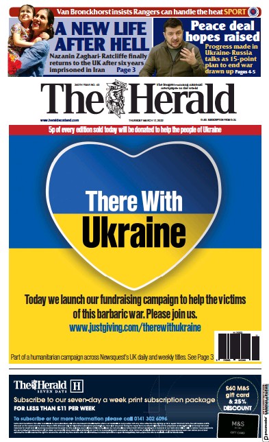The Herald Newspaper Front Page for 18 March 2022