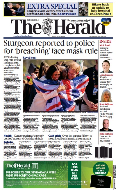 The Herald Newspaper Front Page for 18 April 2022