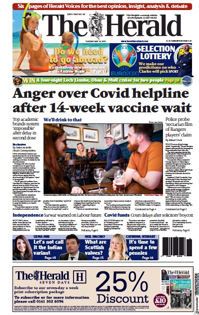 The Herald Newspaper Front Page for 18 May 2021