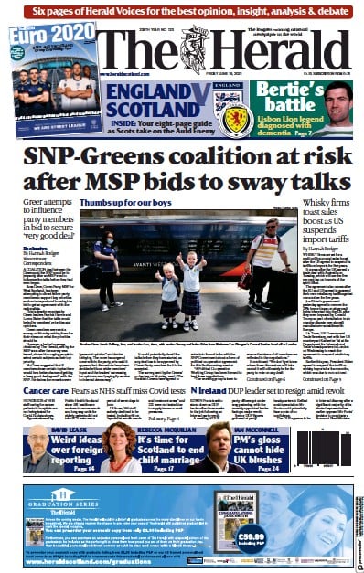 The Herald (UK) Newspaper Front Page for 18 June 2021