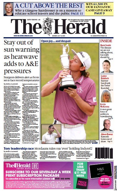 The Herald (UK) Newspaper Front Page for 18 July 2022