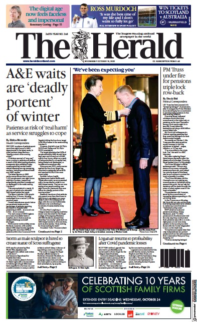The Herald (UK) Newspaper Front Page for 19 October 2022