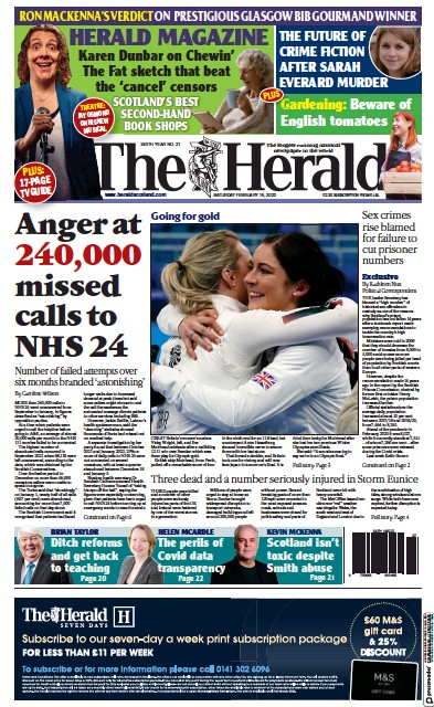 The Herald Newspaper Front Page for 19 February 2022