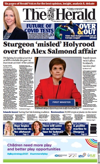 The Herald (UK) Newspaper Front Page for 19 March 2021