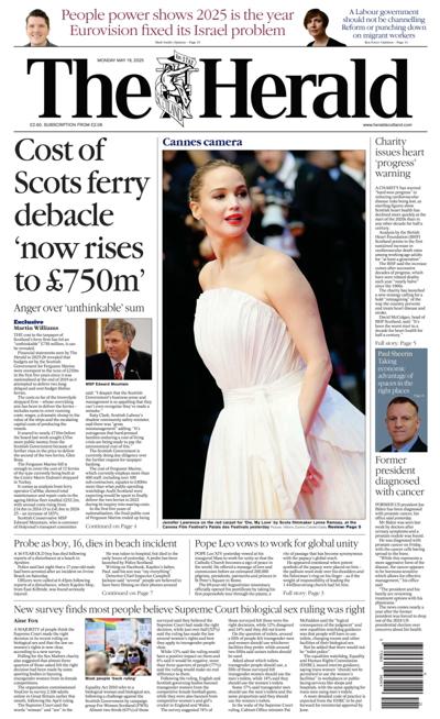 The Herald (UK) Newspaper Front Page for 19 May 2025