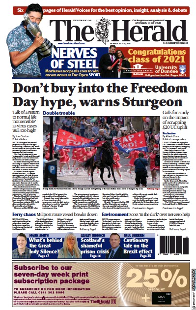The Herald (UK) Newspaper Front Page for 19 July 2021