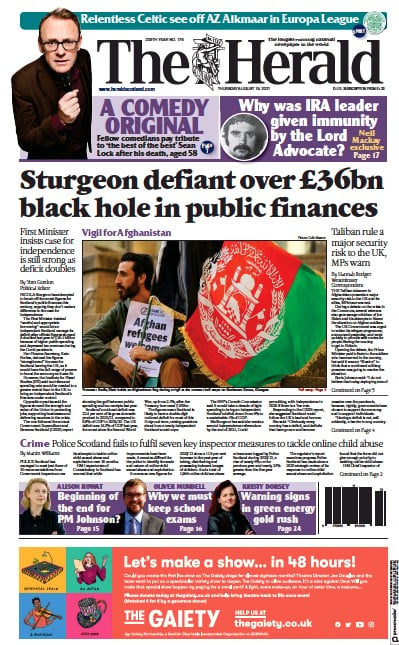 The Herald (UK) Newspaper Front Page for 19 August 2021