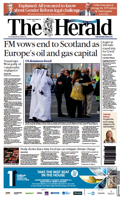 The Herald (UK) Newspaper Front Page for 19 September 2023