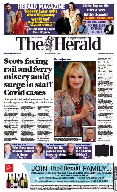 The Herald (UK) Newspaper Front Page for 1 January 2022