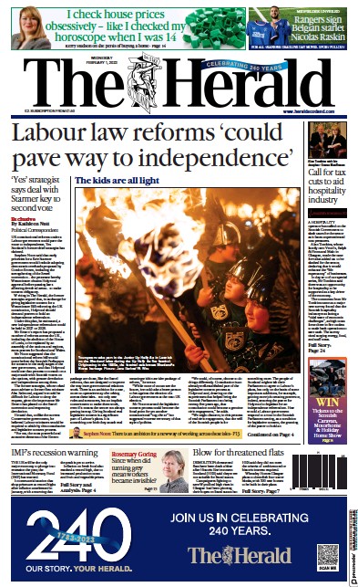 The Herald (UK) Newspaper Front Page for 1 February 2023