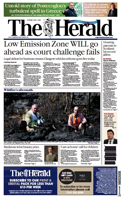The Herald (UK) Newspaper Front Page for 1 June 2023