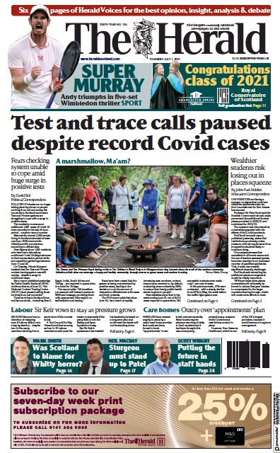 The Herald (UK) Newspaper Front Page for 1 July 2021