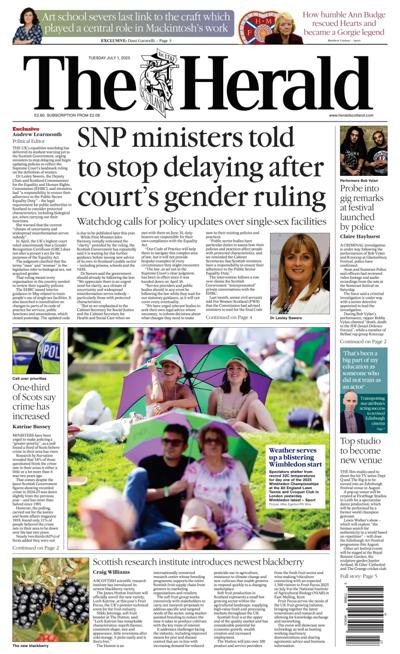 The Herald (UK) Newspaper Front Page for 1 July 2025