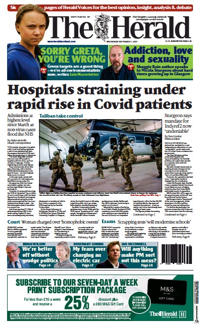 The Herald (UK) Newspaper Front Page for 1 September 2021