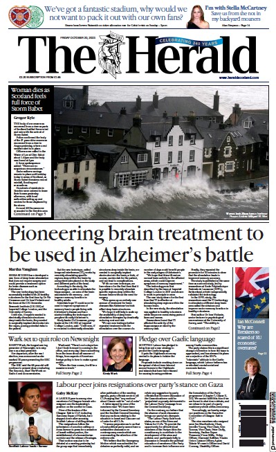The Herald (UK) Newspaper Front Page for 20 October 2023