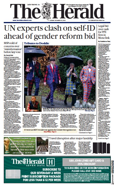 The Herald (UK) Newspaper Front Page for 20 December 2022