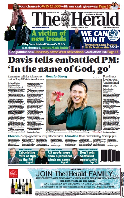 The Herald (UK) Newspaper Front Page for 20 January 2022