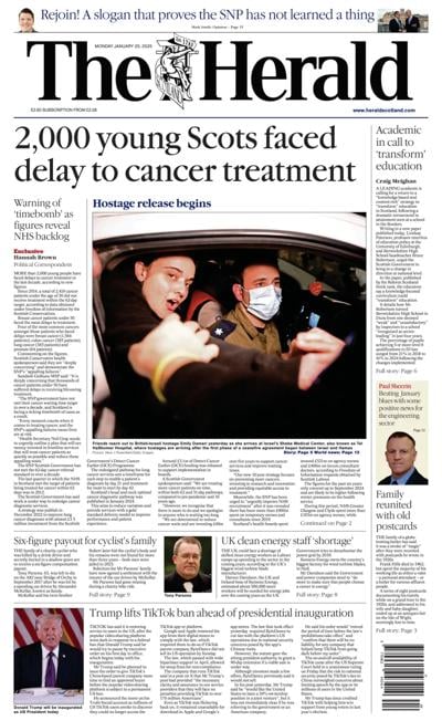 The Herald (UK) Newspaper Front Page for 20 January 2025