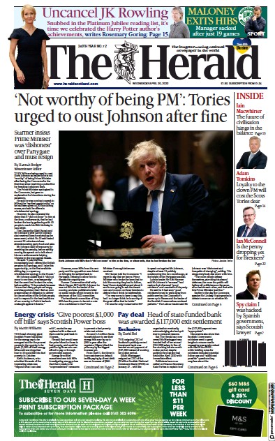 The Herald (UK) Newspaper Front Page for 20 April 2022