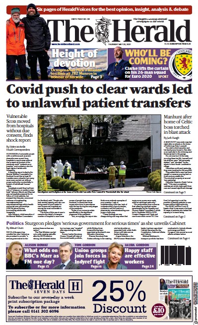 The Herald Newspaper Front Page for 20 May 2021