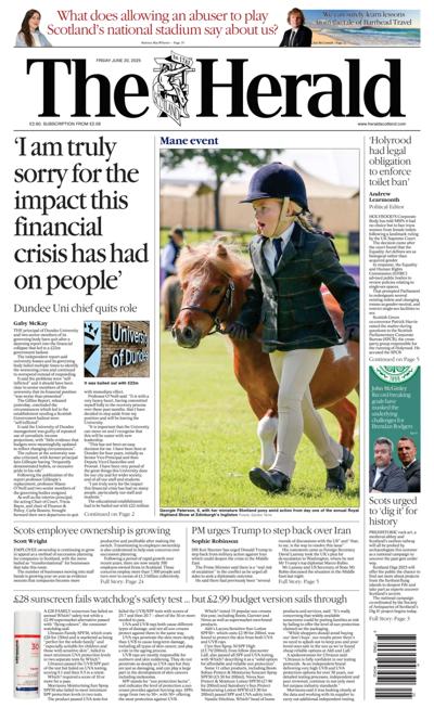 The Herald Newspaper Front Page for 20 June 2025