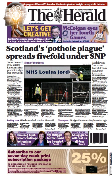The Herald (UK) Newspaper Front Page for 20 July 2021