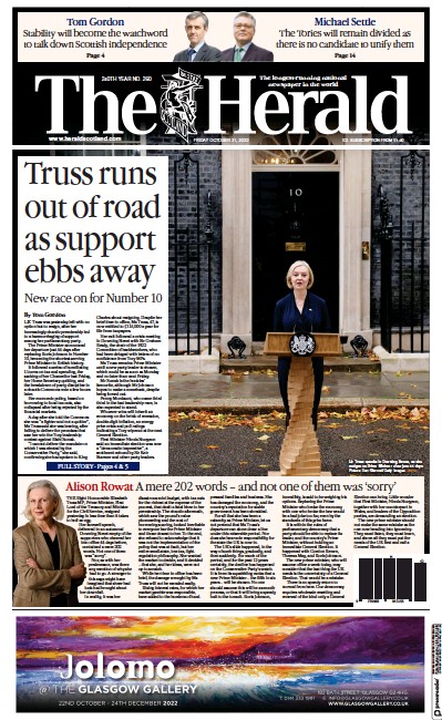 The Herald (UK) Newspaper Front Page for 21 October 2022