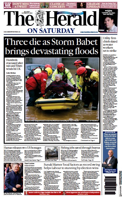The Herald (UK) Newspaper Front Page for 21 October 2023
