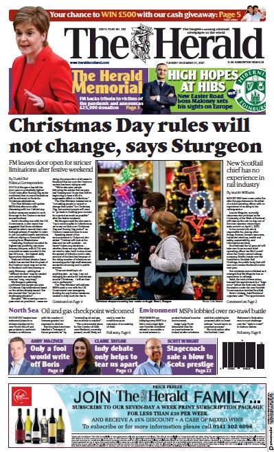 The Herald (UK) Newspaper Front Page for 21 December 2021
