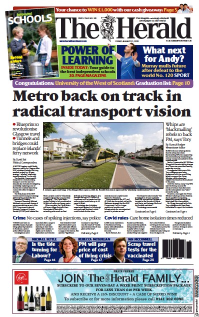 The Herald (UK) Newspaper Front Page for 21 January 2022