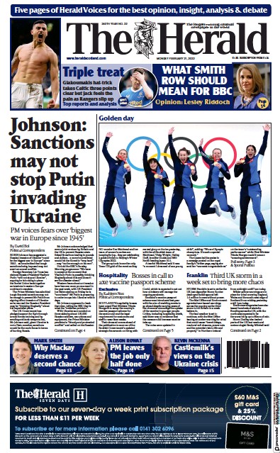 The Herald (UK) Newspaper Front Page for 21 February 2022