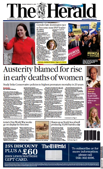 The Herald (UK) Newspaper Front Page for 21 February 2023