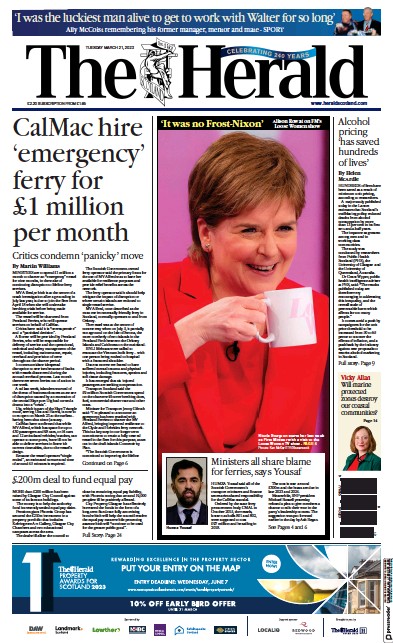 The Herald (UK) Newspaper Front Page for 21 March 2023