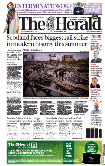 The Herald (UK) Newspaper Front Page for 21 April 2022