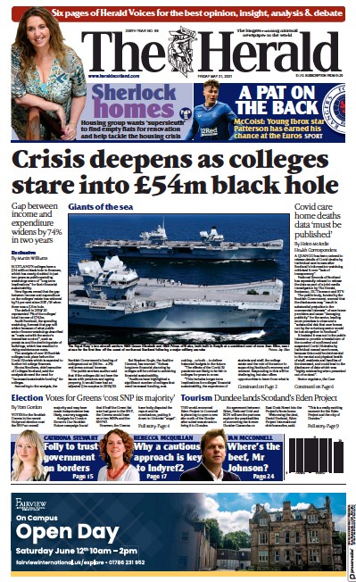 The Herald Newspaper Front Page for 21 May 2021