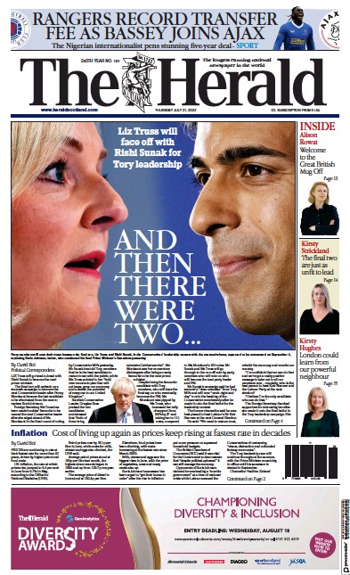 The Herald Newspaper Front Page for 21 July 2022