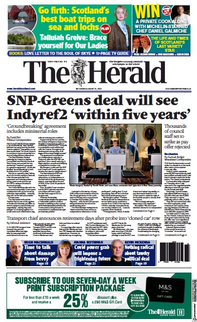 The Herald (UK) Newspaper Front Page for 21 August 2021