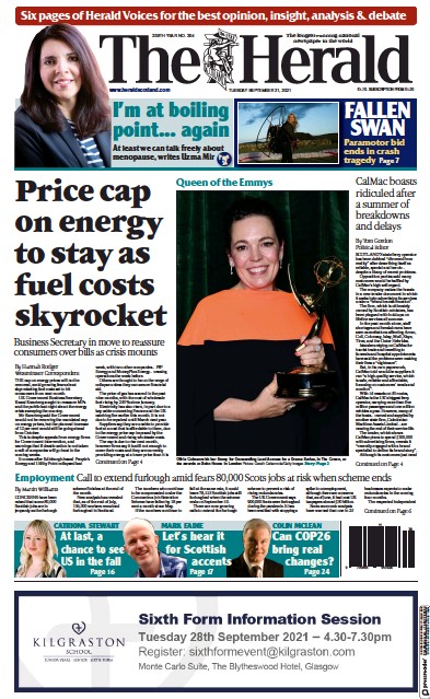 The Herald (UK) Newspaper Front Page for 21 September 2021