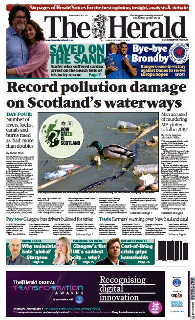 The Herald (UK) Newspaper Front Page for 22 October 2021