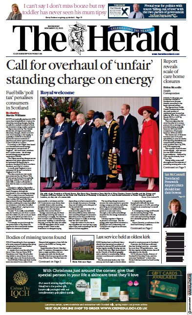 The Herald (UK) Newspaper Front Page for 22 November 2023