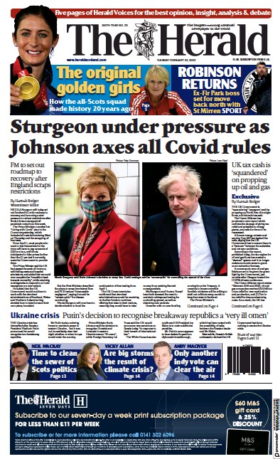 The Herald Newspaper Front Page for 22 February 2022