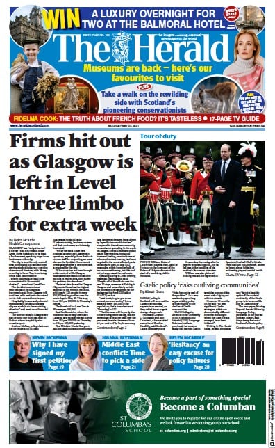 The Herald (UK) Newspaper Front Page for 22 May 2021