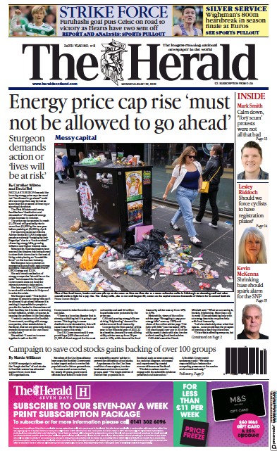 The Herald (UK) Newspaper Front Page for 22 August 2022
