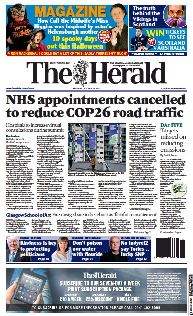 The Herald (UK) Newspaper Front Page for 23 October 2021