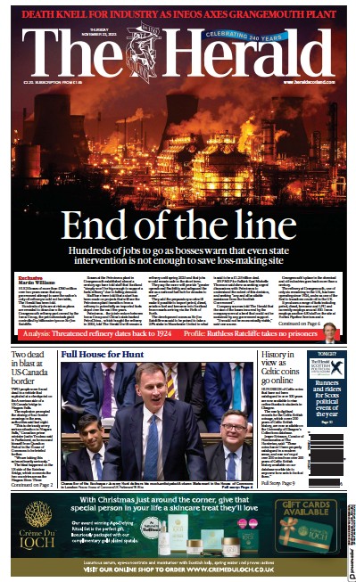 The Herald (UK) Newspaper Front Page for 23 November 2023