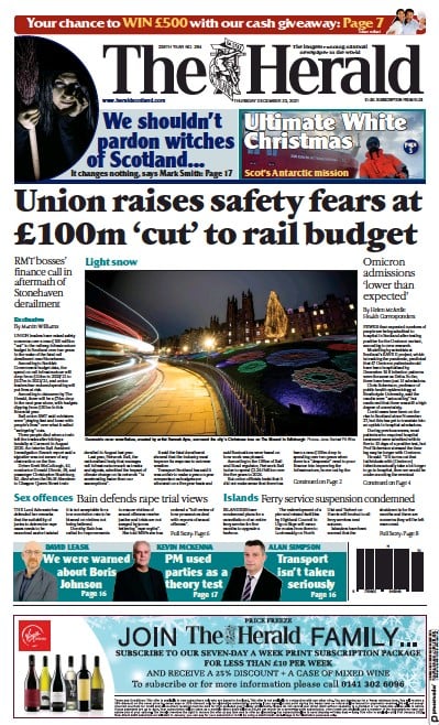 The Herald (UK) Newspaper Front Page for 23 December 2021