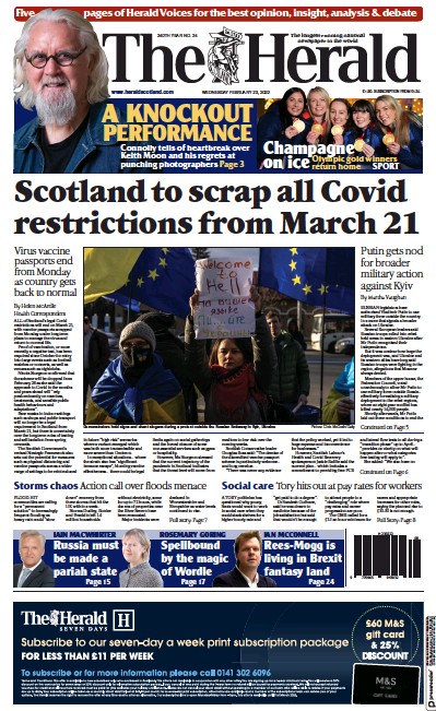 The Herald Newspaper Front Page for 23 February 2022