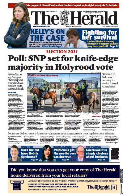 The Herald (UK) Newspaper Front Page for 23 March 2021